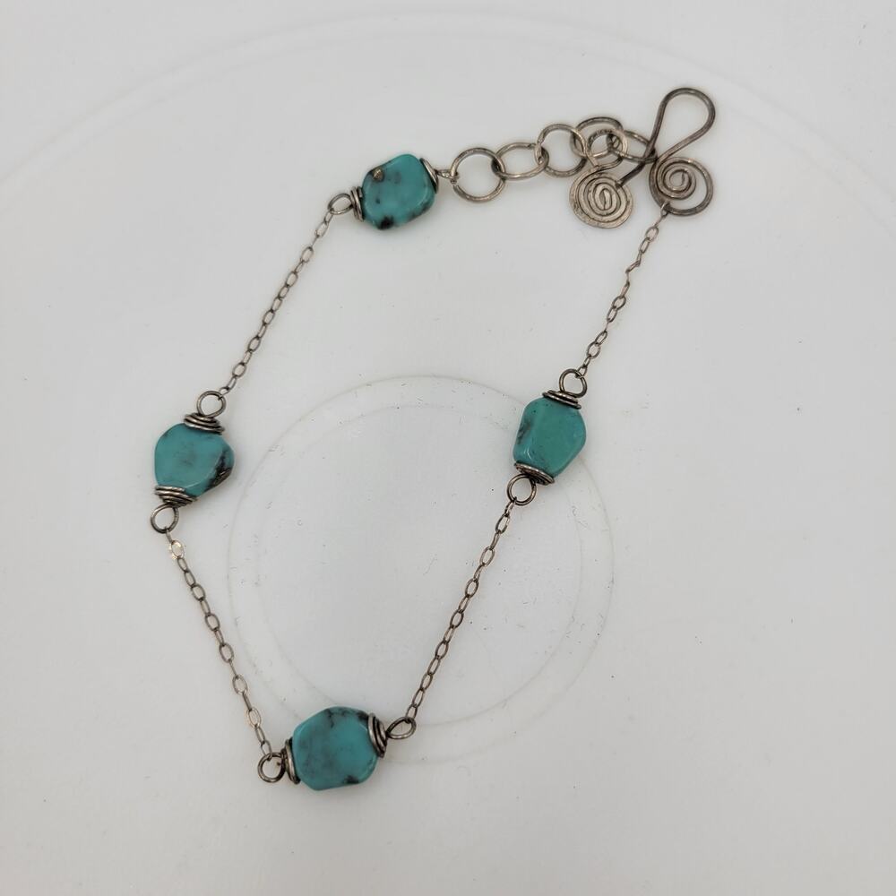 Womens Turquoise Bracelet Green Silver Tone Adjustable Boho Handmade Hook Chain